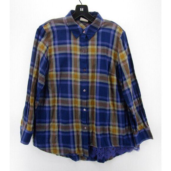 LOGO Lori Goldstein Top Small Button Down Shirt Plaid Pockets Lace - Picture 1 of 12